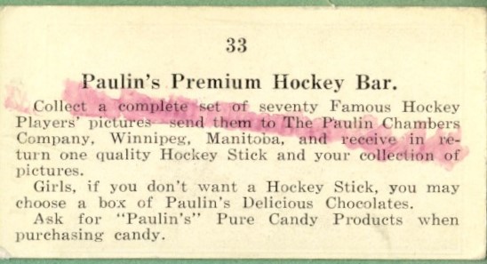 V128-1 1923-24 Paulin's Candy Hockey Bar